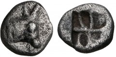 WESTERN ASIA MINOR, Uncertain. Late 6th-early 5th centuries BC. AR Hemiobol or Tetartemorion (5.5mm, 0.31 g). Head of bull or calf right / Incuse square with irregular lines. Cf. SNG Kayhan 1575 (hemi