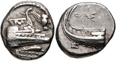 LYCIA, Phaselis. 4th century BC. AR Stater (20mm, 10.27 g, 4h). Prow of galley right, fighting platform decorated with lion at bay right; to right, owl flying upward left, wings displayed; below, dolp