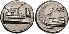 LYCIA, Phaselis. 4th century BC. AR Stater (21mm, 10.50 g, 5h). Prow of galley right, fighting platform decorated with facing gorgoneion; to right, cicada upward / Stern of galley left; ΦΑΣ above, dol