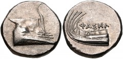 LYCIA, Phaselis. 4th century BC. AR Stater (21mm, 10.36 g, 9h). Prow of galley right, fighting platform decorated with uncertain object (dolphin?) right / Stern of galley left; ΦΑΣΗΛ above. Heipp-Tame