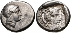 LYCIA, Telmessos(?). Circa 410-370 BC. AR Stater (20mm, 8.18 g, 1h). Helmeted head of Athena right / Head of Herakles right, wearing lion skin headdress; club to right; all within incuse square. Cf. R