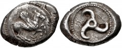 DYNASTS of LYCIA. Uncertain dynast. Circa 480/70-430 BC. AR Stater (21mm, 9.60 g). Protodynastic Group C. Pegasos flying right; monogram below; all on convex shield-like device / Triskeles; monogram i