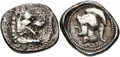DYNASTS of LYCIA. Arttumpara. Circa 390-370 BC. AR Stater (21mm, 8.29 g, 5h). Xanthos mint(?). Forepart of lion right / Helmeted head of Athena left; diskeles below; all in dotted circle within incuse