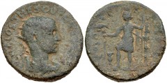 JUDAEA, Aelia Capitolina (Jerusalem). Hostilian. As Caesar, CE 250-251. Æ (28mm, 16.60 g, 1h). Radiate, draped, and cuirassed bust right / Tyche standing left, holding small bust and leaning on scepte