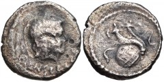 Moneyer issues of Imperatorial Rome. C. Considius Paetus. 46 BC. AR Sestertius (10mm, 0.67 g, 6h). Rome mint. Winged bust of Cupid right / Double cornucopiae set on globe. Crawford 465/8a; CRI 81; Syd