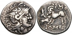 EASTERN EUROPE, Uncertain Tribe. AR Denarius (18mm, 4.47 g, 2h). Obverse type of M. Atilius Saranus, reverse type of C. Hosidius Geta. After 68 BC. Helmeted head of Roma right / Horned animal and offs