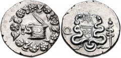 MYSIA, Pergamum. L. Sempronius Atratinus. Quaestor, circa 42-39 BC. AR Tetradrachm (25mm, 12.81 g, 12h). Cistophoric series. Cista mystica with serpent; all within ivy wreath / Bowcase with serpents; 