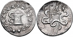 LYDIA, Tralles. Circa 166-67 BC. AR Tetradrachm (25mm, 12.66 g, 11h). Cistophoric series. Struck circa 155-145 BC. Cista mystica with serpent; all within ivy wreath / Bowcase with serpents; TPA to lef