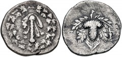 LYDIA, Tralles. Circa 166-67 BC. AR Didrachm (22mm, 5.92 g, 12h). Cistophoric series. Struck circa 155-145 BC. Lion’s skin draped over club; all within ivy wreath / Grape bunch on vine; TPA to left; t