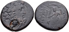 SYRIA, Seleucis and Pieria. Antioch. Æ Tetrachalkon (23mm, 10.96 g, 12h). Uncertain date, but struck 47-45 BC. Laureate head of Zeus right; c/m: female head (Cleopatra VII?) right within oval incuse /