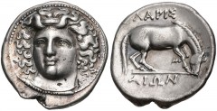 THESSALY, Larissa. Circa 356-342 BC. AR Drachm (20mm, 6.12 g, 11h). Head of the nymph Larissa facing slightly left, with hair in ampyx / ΛAPIΣ AIΩN above and below, horse right, preparing to lie down.