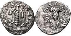 IONIA, Ephesos. Circa 150-140 BC. AR Didrachm (19mm, 5.84 g, 12h). Cistophoric type. Lion skin draped over club; all within ivy wreath / Grape cluster over leaves; ΕΦΕ to lower left; to lower right, A