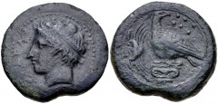 SICILY, Akragas. Circa 400-380 BC. Æ Hemilitron (26.5mm, 16.27 g, 1h). Horned head of young river god Akragas left, wearing tainia / Eagle standing left, head right, on Ionic capital; crab to left, si