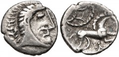 CELTIC, Iceni. Uninscribed. Circa 65-1 BC. AR Unit (13mm, 1.26 g, 4h). Norfolk God/Mustache (Normal Face-Horse B) type. Celticized head right; two trefoils before, [triple pellets below?] / Horse righ