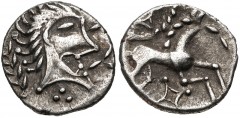 CELTIC, Iceni. Uninscribed. Circa 65-1 BC. AR Unit (12.5mm, 1.26 g, 3h). Norfolk God/Mustache (Normal Face-Horse C) type. Celticized head right; two trefoils before, triple pellets below / Horse right