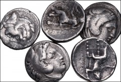 GREEK. Northern Greece. Lot of five (5) Macedonian AR tetradrachms. All coins: KINGS of MACEDON. temp. Alexander III – Philip III or later. AR Tetradrachm. All in the name of Alexander III. Various mi
