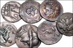 MODERN REPLICAS. Lot of seven (7) electrotypes of Hellenistic Greek AR Tetradrachms. Includes: KINGS of MACEDON, Antigonos Gonatas. AR Tetradrachm (2) // KINGS of PONTOS. Mithradates III. AR Tetradrac