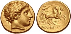 KINGS of MACEDON. temp. Philip II – Alexander III. Circa 340/36-328 BC. AV Stater (17.5mm, 8.59 g, 9h). In the name and types of Philip II. Pella mint. Head of Apollo right, wearing laurel wreath / Ch