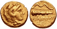 KINGS of MACEDON. temp. Philip II – Alexander III. Circa 340/36-328 BC. AV Quarter Stater (10.5mm, 2.11 g, 2h). In the name and types of Philip II. Pella mint. Head of Herakles right, wearing lion ski