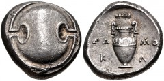 BOEOTIA, Thebes. Circa 363-338 BC. AR Stater (20mm, 12.21 g). Damokl-, magistrate. Boeotian shield / Amphora; club right above, ΔA-MO/K-Λ in two lines across field; all within incuse concave circle. H