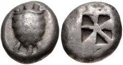 ISLANDS off ATTICA, Aegina. Circa 525-480 BC. AR Stater (17mm, 11.76 g). Proto-tortoise with trefoil collar / Incuse square with ‘proto-skew’ pattern. Meadows, Aegina, Group IIb; HGC 6, 432. Near VF, 