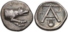 ARGOLIS, Argos. Circa 420/10-370 BC. AR Triobol (15mm, 2.70 g, 6h). Forepart of wolf right / Large A; two small incuse squares above, Π to left, chelys below crossbar; all in shallow concave circle . 