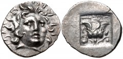 ISLANDS off CARIA, Rhodos. Rhodes. Circa 125-88 BC. AR Hemidrachm (12mm, 1.46 g, 12h). ‘Plinthophoric’ coinage. Timasip(os), magistrate. Radiate head of Helios facing slightly right / Rose with bud to