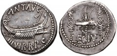 The Triumvirs. Mark Antony. Autumn 32-spring 31 BC. AR Denarius (17mm, 3.64 g, 6h). Legionary issue. Patrae(?) mint. Praetorian galley right / Aquila between two signa; LEG IV across lower field. Craw