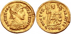 Theodosius I. AD 379-395. AV Solidus (21mm, 4.37 g, 5h). Uncertain military mint. Struck circa AD 393-395. Rosette-diademed, draped, and cuirassed bust right / Theodosius standing right, left foot on 