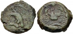SICILY, Akragas. Circa 425/0-410/06 BC. Æ Tetras (21mm, 9.34 g, 7h). Eagle standing left, tearing at hare / Crab; pellet above, two pellets to right, crayfish below. CNS 60; HGC 2, 141; Virzi 607 (thi