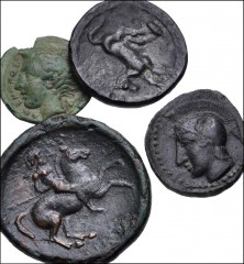 GREEK. Magna Graecia & Sicily. Lot of four (4) bronze from Sicily. Includes: (a) Kamarina. Circa 420-405 BC. Tetras or Trionkion. Helmeted head of Athena / Owl grasping lizard. HGC 2, 551 // (b) Circa