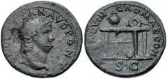 Nero. AD 54-68. Æ Semis (21mm, 5.42 g, 6h). Lugdunum (Lyon) mint. Struck circa AD 66. Bare head right, globe at point of neck / Table seen from three-quarter angle, bearing urn and wreath; round shiel