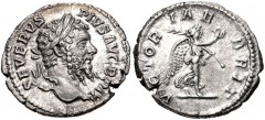 Septimius Severus. AD 193-211. AR Denarius (19mm, 2.97 g, 12h). British Victory type. Rome mint. Struck circa AD 210-211. Laureate head right / Victory advancing right, holding wreath and palm frond. 