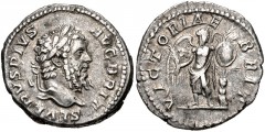 Septimius Severus. AD 193-211. AR Denarius (19mm, 3.26 g, 2h). British Victory type. Rome mint. Struck circa AD 210-211. Laureate head right / Victory standing facing, head right, holding palm frond a