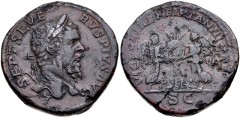 Septimius Severus. AD 193-211. Æ Sestertius (32mm, 24.90 g, 12h). British Victory type. Rome mint. Struck AD 210-211. Laureate head right / Two Victories hanging round shield on palm tree; bound capti
