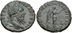 Septimius Severus. AD 193-211. Æ As (25mm, 12.27 g, 12h). British Victory type. Rome mint. Struck AD 210-211. Laureate head right / Victory standing right, holding vexillum in both hands; bound captiv