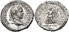 Caracalla. AD 198-217. AR Denarius (19mm, 3.12 g, 7h). British Victory type. Rome mint. Struck AD 210-211. Laureate head right / Victory advancing left, holding wreath and palm frond. RIC IV 231; RSC 