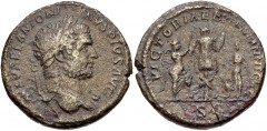 Caracalla. AD 198-217. Æ Sestertius (31mm, 23.79 g, 12h). British Victory type. Rome mint. Struck AD 210. Laureate head right, with slight drapery / Victory standing right, erecting trophy; to right, 