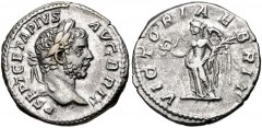 Geta. AD 209-211. AR Denarius (18mm, 3.28 g, 6h). British Victory type. Rome mint. Struck AD 210-211. Laureate head right / Victory standing left, holding wreath and palm frond. RIC IV 92; RSC 219. Go