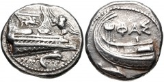 LYCIA, Phaselis. 4th century BC. AR Stater (21.5mm, 10.33 g, 3h). Prow of galley right, fighting platform decorated with Pegasos flying right; to right, owl flying upward left, wings displayed; below,