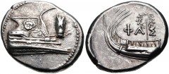 LYCIA, Phaselis. 4th century BC. AR Stater (23.4mm, 10.35 g, 6h). Prow of galley right, fighting platform decorated with facing gorgoneion; to right, cicada downward / Stern of galley left, with wreat