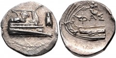 LYCIA, Phaselis. 4th century BC. AR Stater (22mm, 10.42 g, 1h). Prow of galley right, fighting platform decorated with facing gorgoneion; to right, cicada upward / Stern of galley left; above, Nike fl