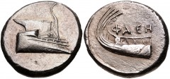 LYCIA, Phaselis. 4th century BC. AR Stater (22mm, 10.37 g, 1h). Prow of galley right / Stern of galley left; ΦAΣH above. Heipp-Tamer Series 6, unlisted variety; CNG 99, lot 287; CNG 100, lot 1527. EF,