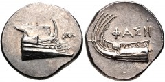 LYCIA, Phaselis. 4th century BC. AR Stater (23mm, 10.46 g, 3h). Prow of galley right; monogram to right / Stern of galley left; ΦAΣH above. Heipp-Tamer Series 6, unlisted variety; CNG 99, lot 288–9; C
