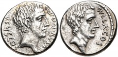 Q. Pompeius Rufus. 54 BC. AR Denarius (16mm, 3.84 g, 9h). Rome mint. Bare head of the consul Q. Pompeius Rufus right / Bare head of Sulla right. Crawford 434/1; Sydenham 908; Pompeia 4. VF, some poros