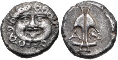 THRACE, Apollonia Pontika. Late 5th-4th centuries BC. AR Drachm (14mm, 2.73 g, 11h). Facing gorgoneion / Upright anchor; A to left, crayfish to right. Topalov, Apollonia 44 corr. (sides revesred); SNG