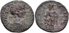 ARCADIA, Phialia. Geta. As Caesar, AD 198-209. Æ Assarion (21mm, 4.50 g, 10h). ΛOV CЄΠ [ΓЄ]-TAN KAI CЄ[B], bareheaded and draped bust right / Asclepius standing facing, head left, leaning on serpent-e