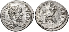 Septimius Severus. AD 193-211. AR Denarius (19mm, 3.31 g, 6h). British Victory issue. Rome mint. Struck AD 210-211. Laureate head right / VICTORIAE BRIT, Victory seated left on shield, holding shield 
