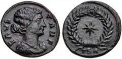 Fausta. As nobilissima femina, AD 307-324. Æ Follis (19mm, 2.94 g, 1h). Thessalonica mint. Struck under Constantine I, AD 318-319. FAVS-TA N F, draped bust right / Eight-pointed star within laurel wre