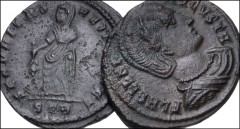 ROMAN. Imperial. Lot of two (2) Æ folles of Helena. Both coins: Draped bust right, wearing stephane / Securitas standing left, holding olive branch. Includes the following varieties: Treveri (Trier) m
